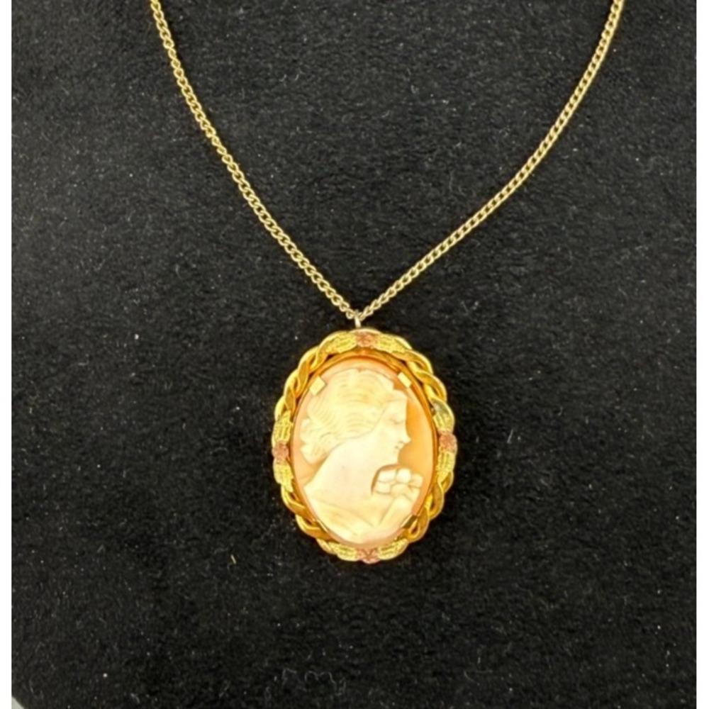 Vintage Cameo Necklace Shell Pendant Brooch 14"